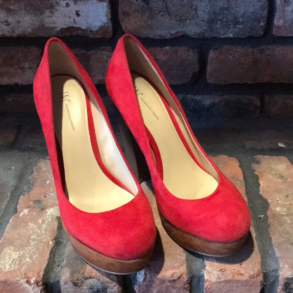 Red suede platform pumps